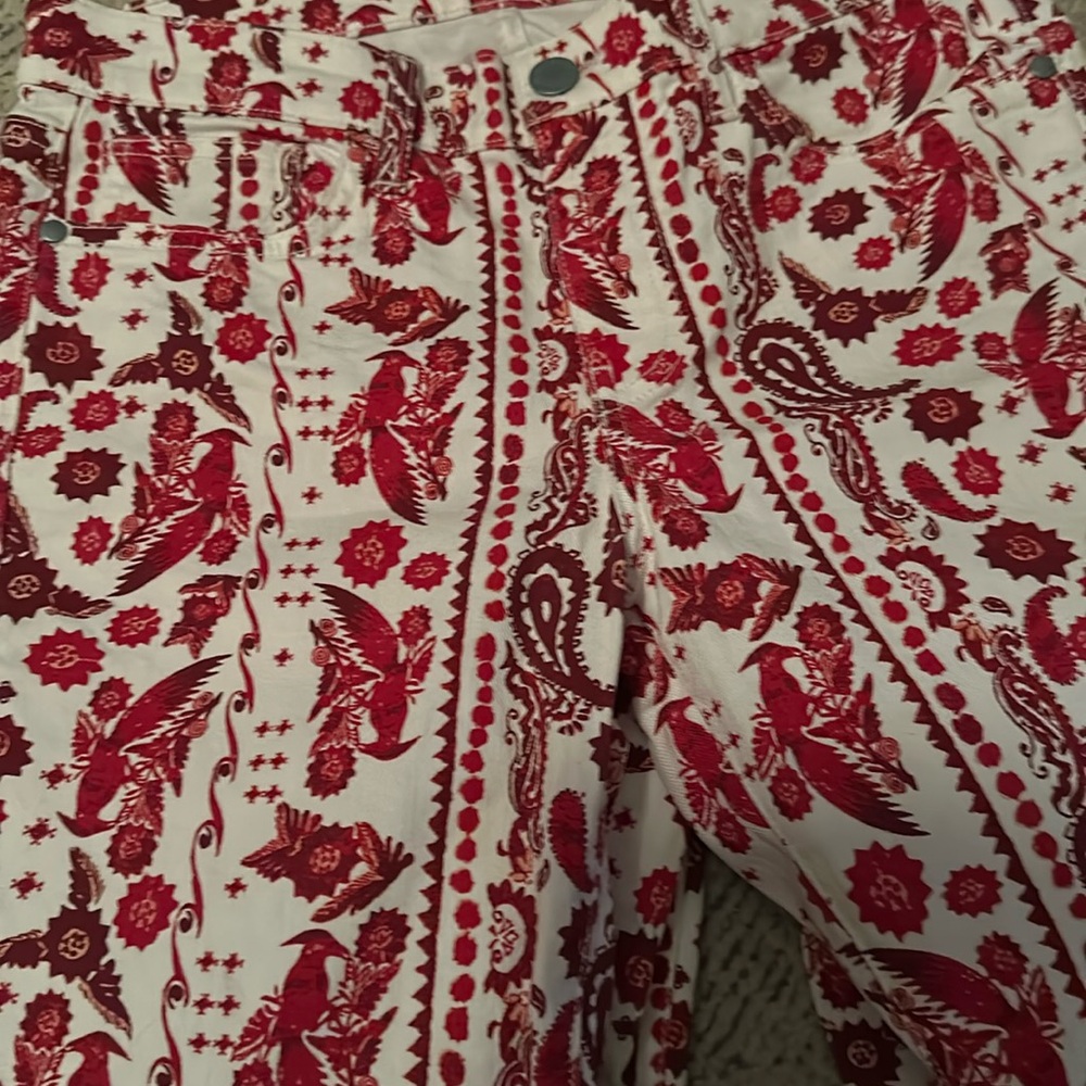 ❤️ Rebecca Minkoff Bleeker Skinny Red & White Paisley Bird Print Jeans Size 28 - Picture 6 of 8
